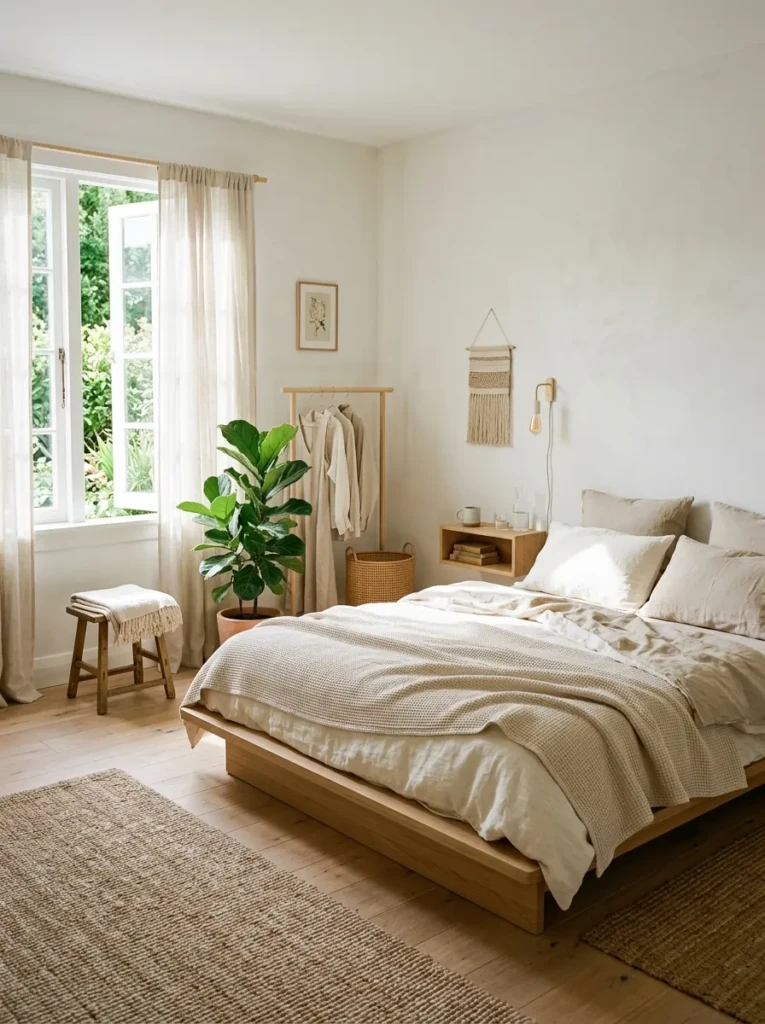 Minimal bedroom styled with breathable materials and a clean light color palette