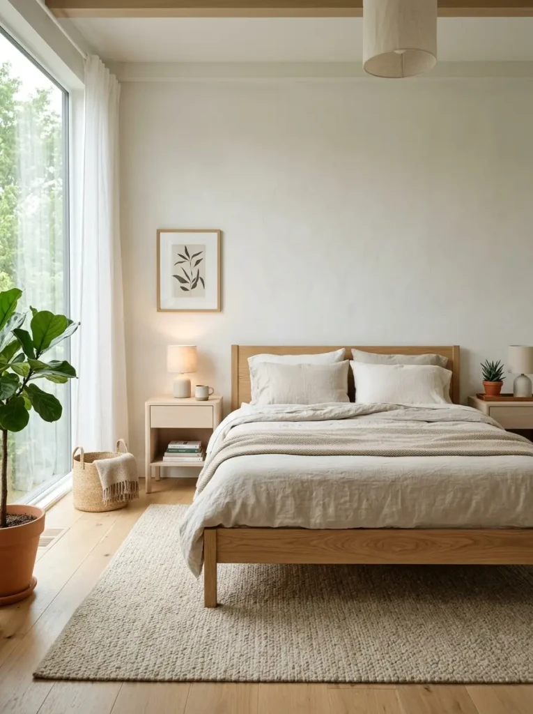 Bedroom with light wood bed frame, subtle decor, and neutral tones creating a fresh and airy space