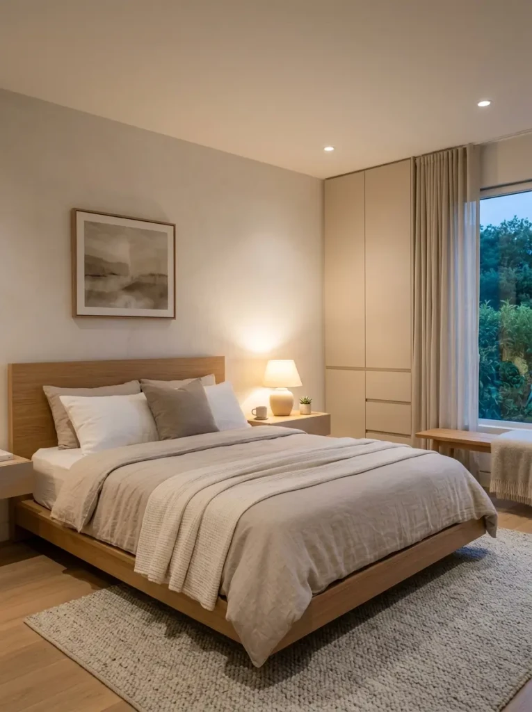 A tidy modern bedroom with hidden storage, warm lighting, and elegant neutral decor.