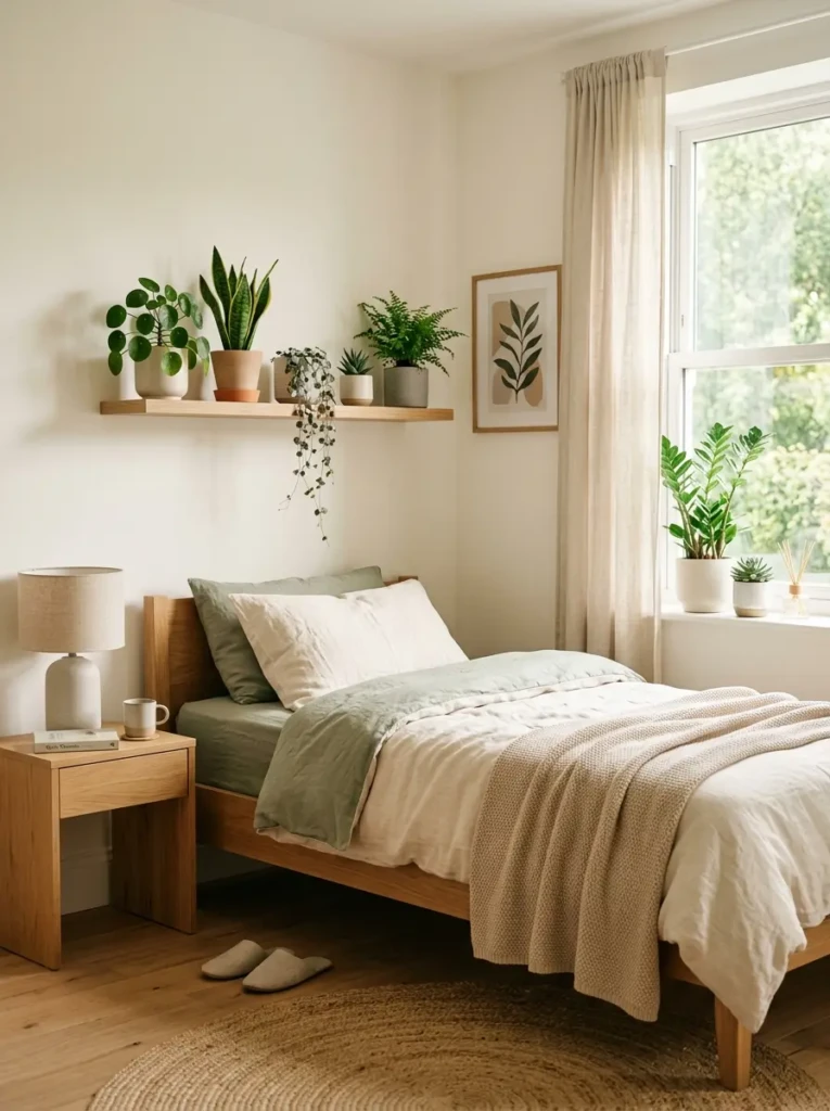 Simple bedroom with indoor plants in neutral pots, soft sunlight, and clean decor