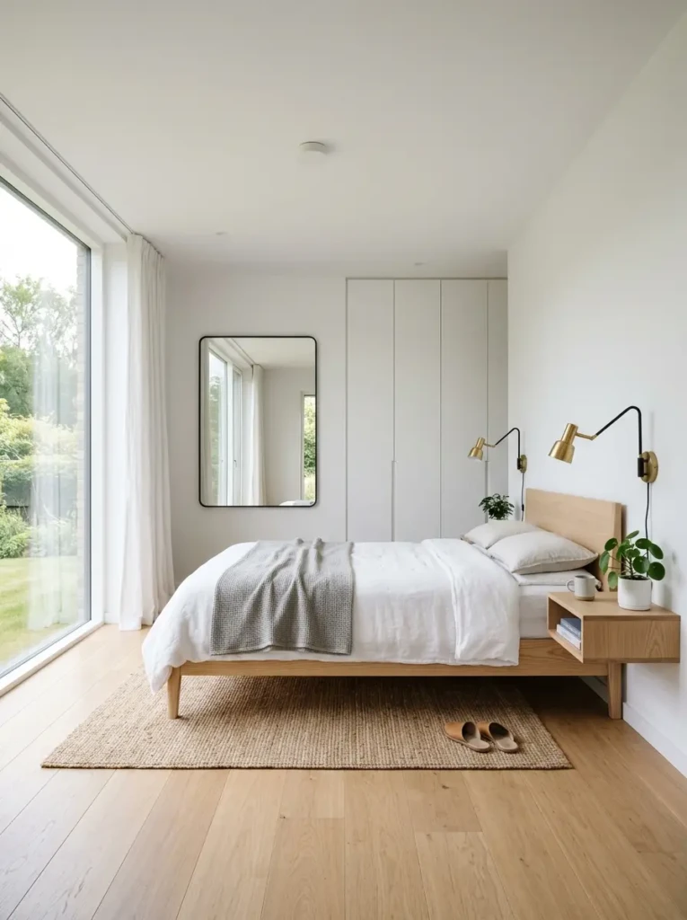 Clean bedroom design featuring floating furniture and uncluttered layout for an open look