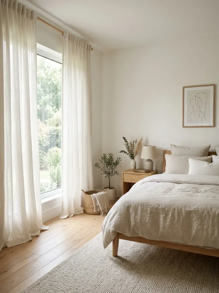 Minimal bedroom featuring long linen curtains that allow soft sunlight to filter through