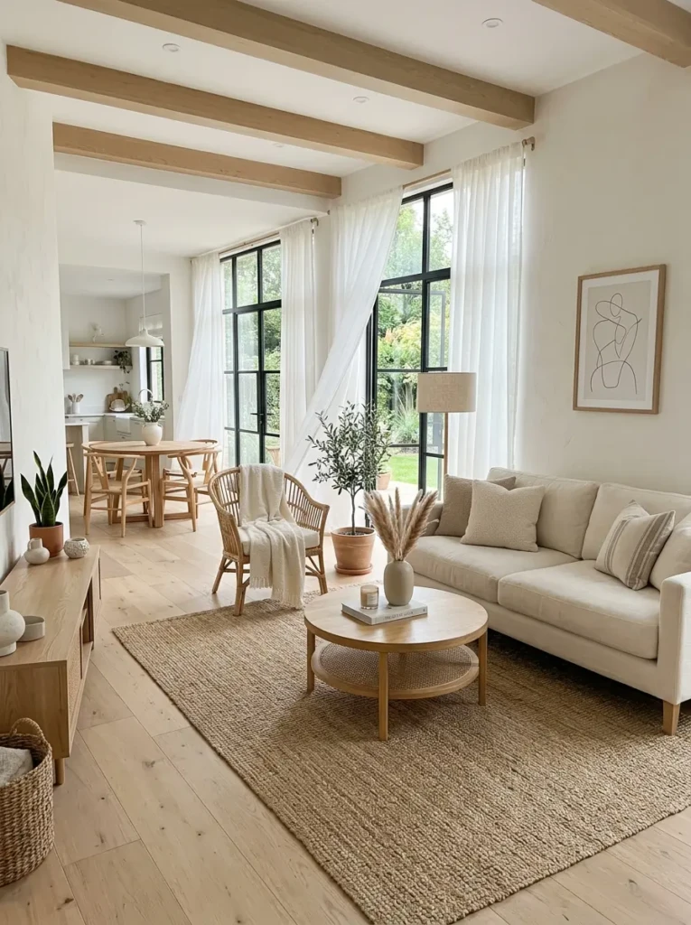 Light-filled boho living room with minimal furniture, neutral tones and uncluttered design