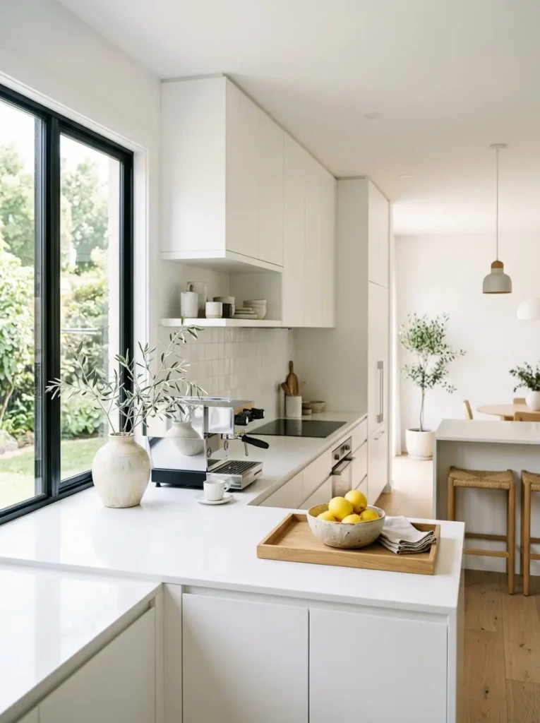 Dreamy minimalistic kitchen with clear countertops, a ceramic vase, coffee machine, wooden tray, and lemons.