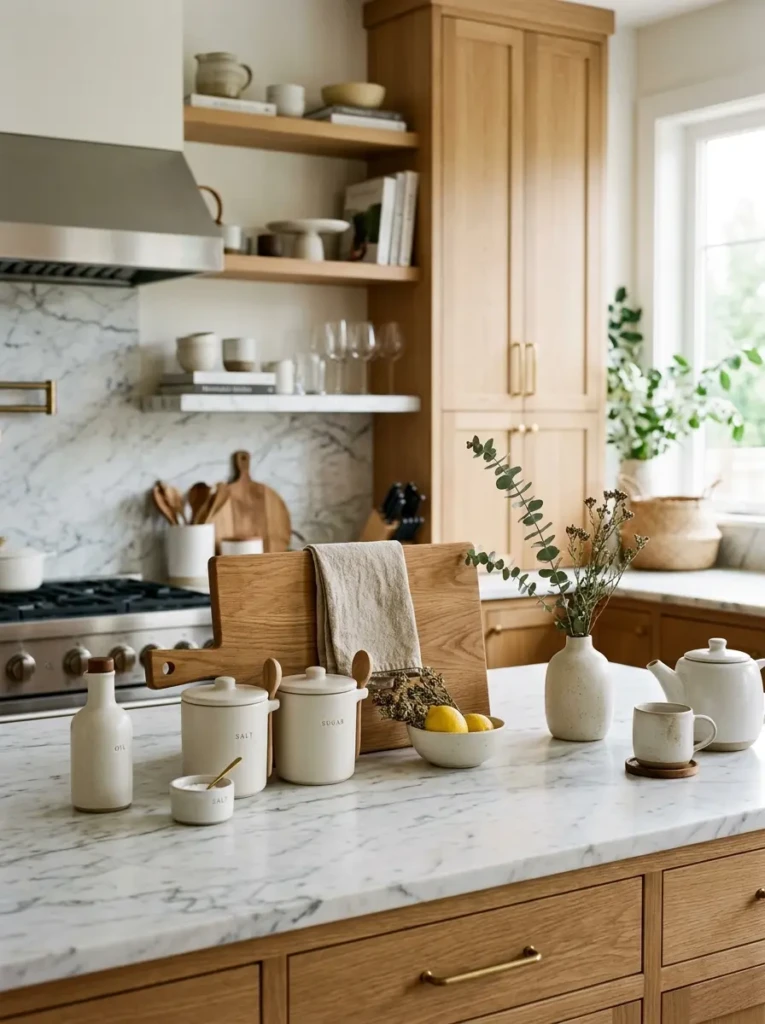 Cozy kitchen countertop featuring marble accents, creamy ceramics, and rich wood textures