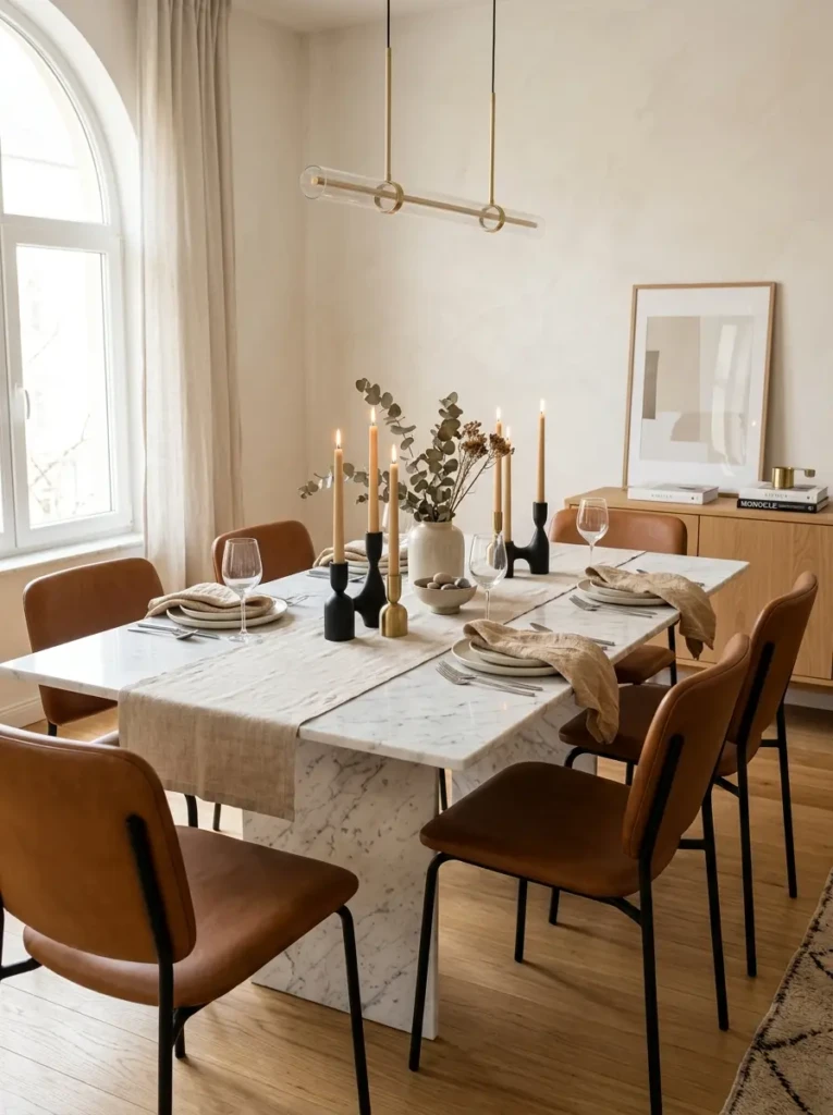 Marble dining table styled with candle holders, linen accents, and caramel leather chairs.
