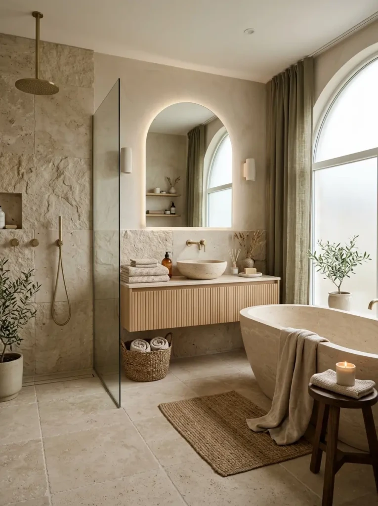 Sophisticated neutral bathroom with layered beige textures and calming modern atmosphere.