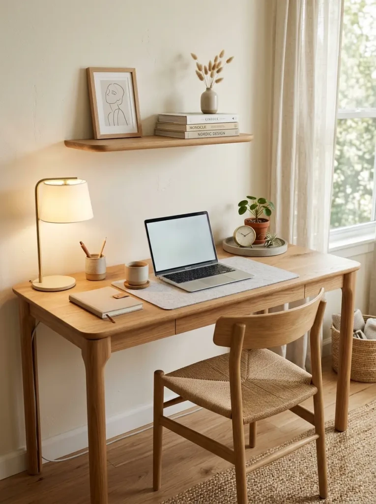 Minimalist desk with hidden cables, rounded edges, neutral accessories, and warm ambient lighting.