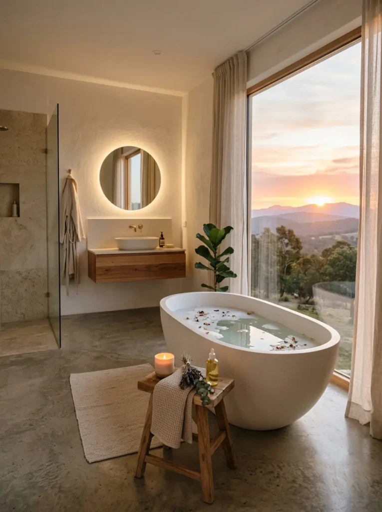 Peaceful bathroom with textured towels, greenery accents, and cozy neutral decor details.