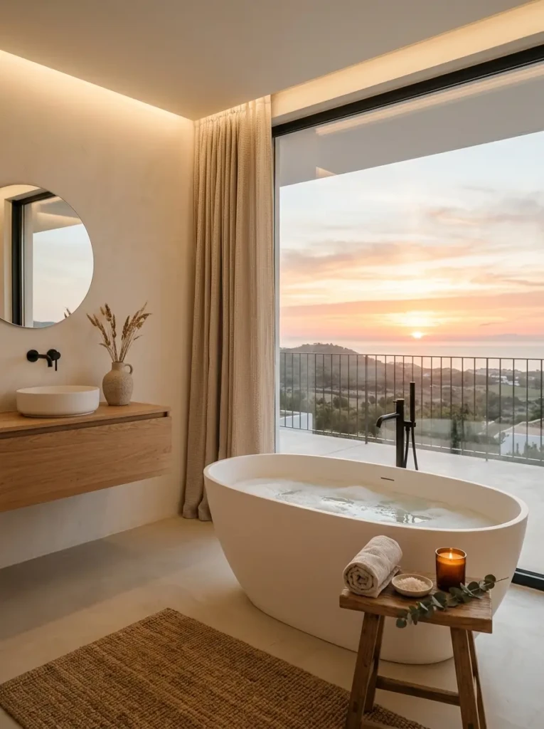Elegant minimalist bathroom glowing with warm ambient lighting and relaxing spa-like mood.