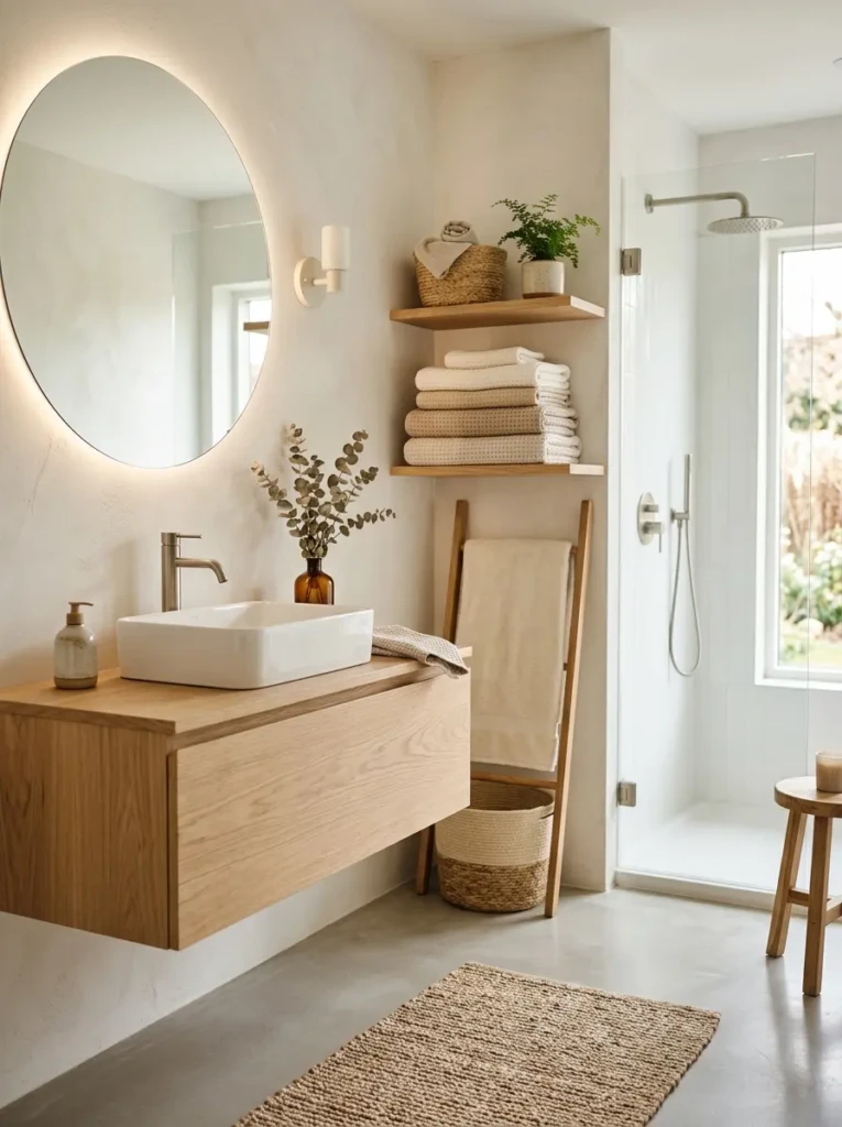 A clean and minimalist bathroom with soft textures, neutral colors, and warm lighting that feels calm and inviting.