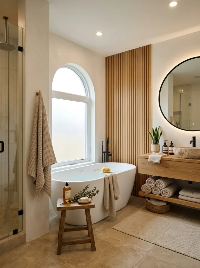 Luxurious minimalist bathroom inspired by boutique hotels with warm lighting and cozy spa-like decor.