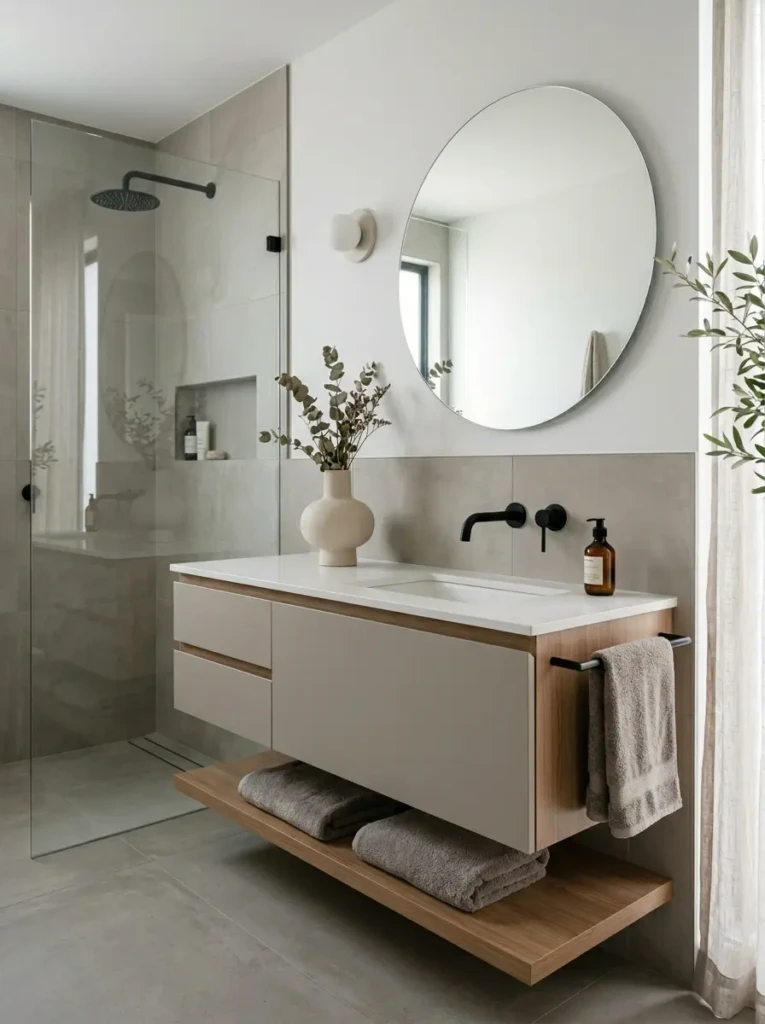 Sleek minimalist bathroom with greige walls, floating vanity, frameless mirror, matte black fixtures, and clutter-free surfaces.