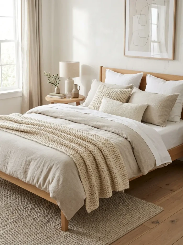 Cozy minimalist bed with textured throw blankets and crisp white sheets