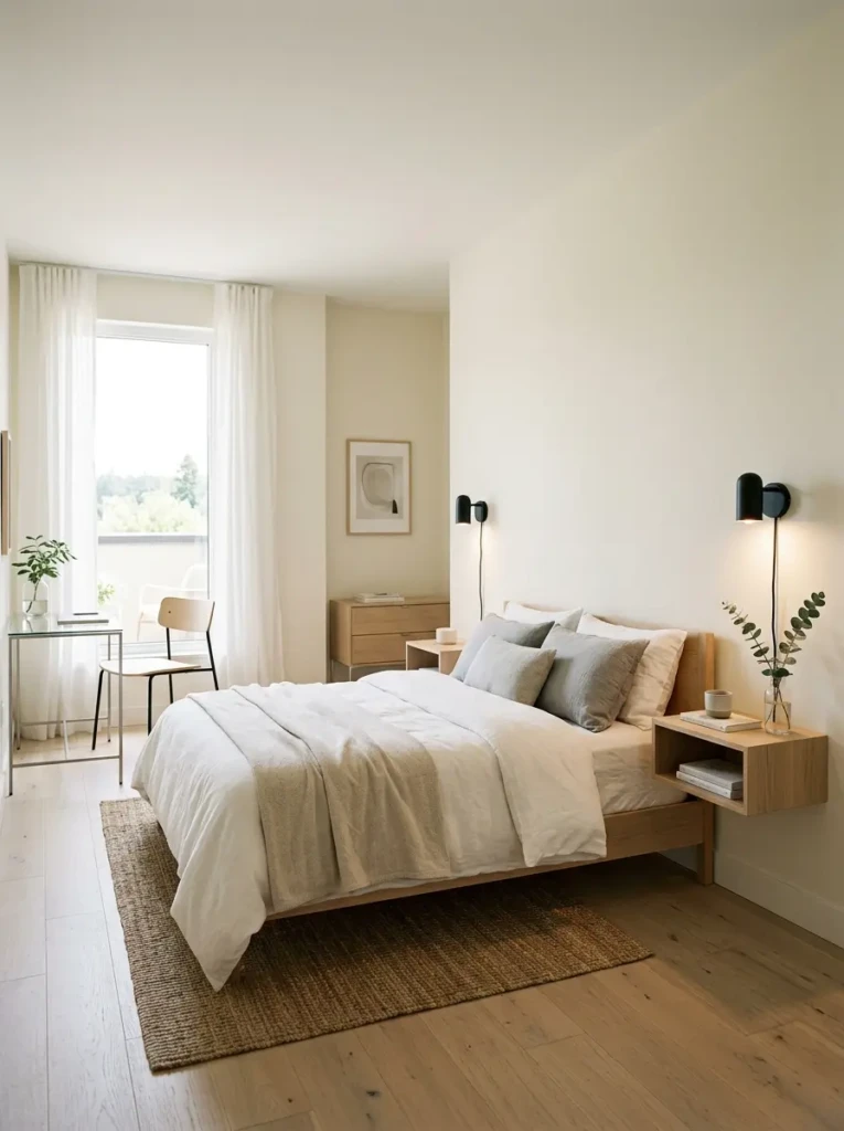 Minimalist bedroom with floating nightstand, wall sconces, slim furniture, and soft neutral colors.