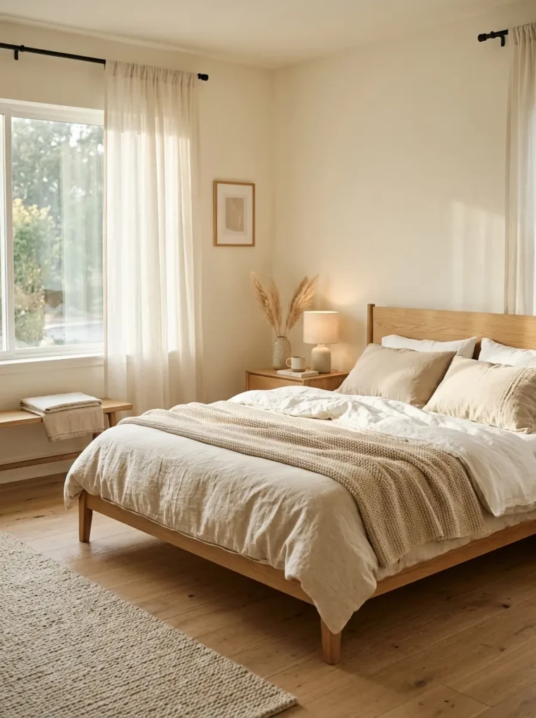 Minimalist bedroom with warm beige tones, creamy white bedding, oak furniture, and soft natural lighting
