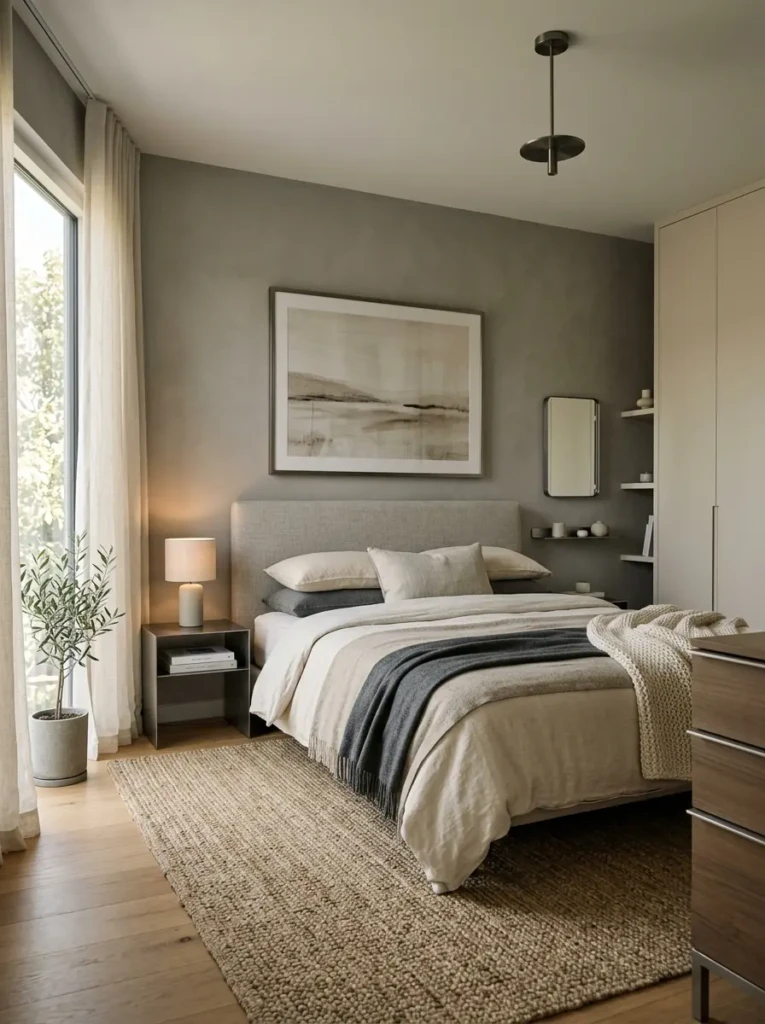 Minimalist bedroom with woven rugs, matte walls, and brushed metal accents