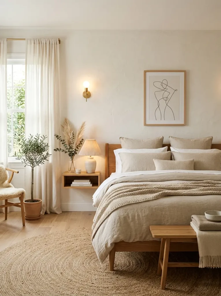 A minimalist cozy bedroom with oatmeal bedding, warm neutrals, and airy peaceful styling.