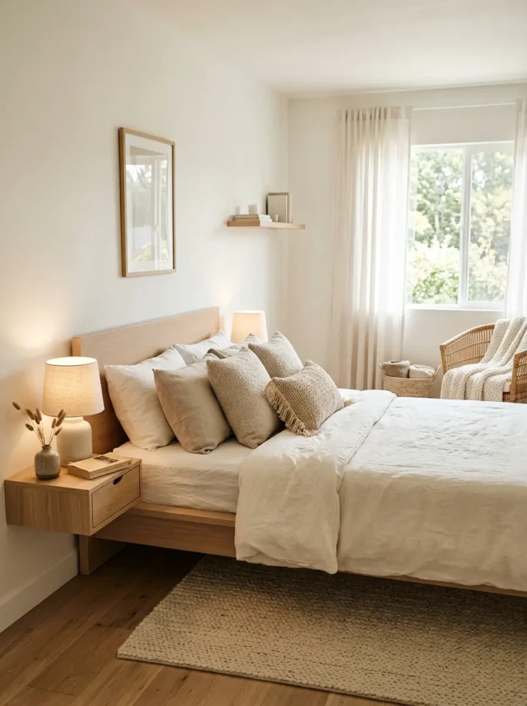 Neutral minimalist bedroom with oak furniture, linen bedding, and soft textured decor