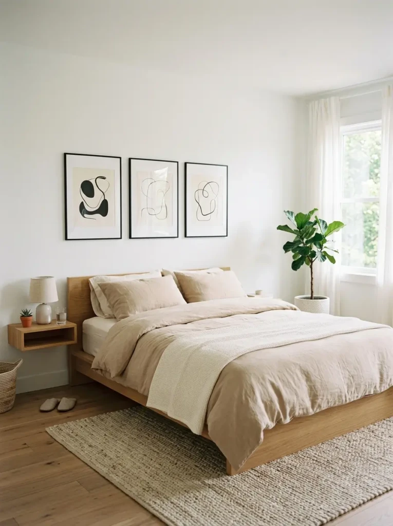 Minimalist bedroom with simple framed artwork and clean uncluttered neutral styling