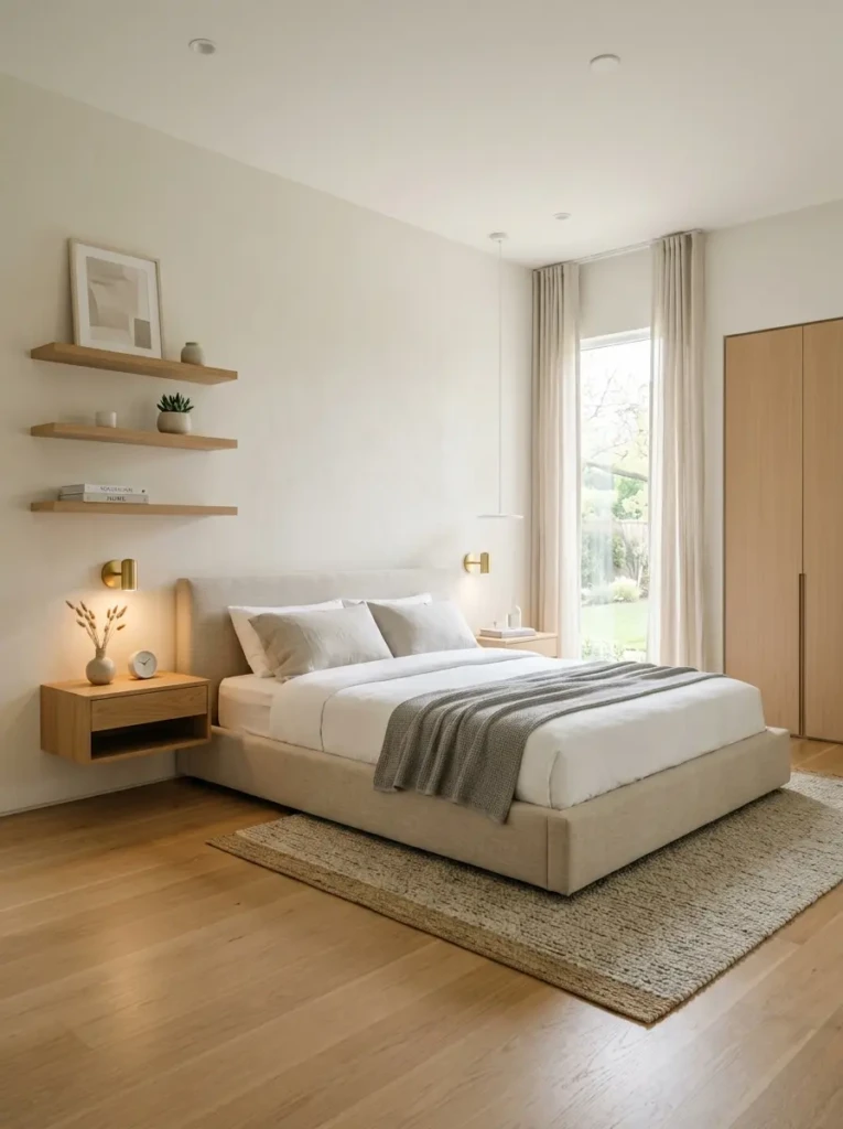 Minimalist bedroom with floating nightstands and spacious airy modern interior design