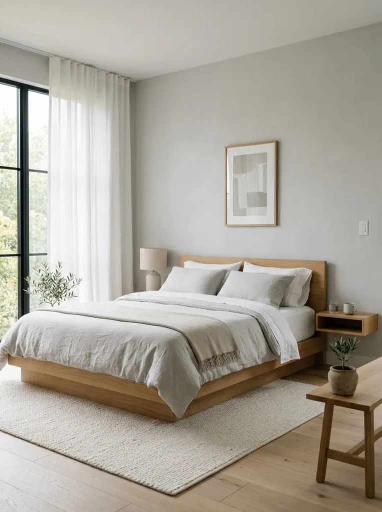 A simple and clutter-free grey bedroom with clean lines, neutral bedding, and natural light creating a calm and peaceful space.