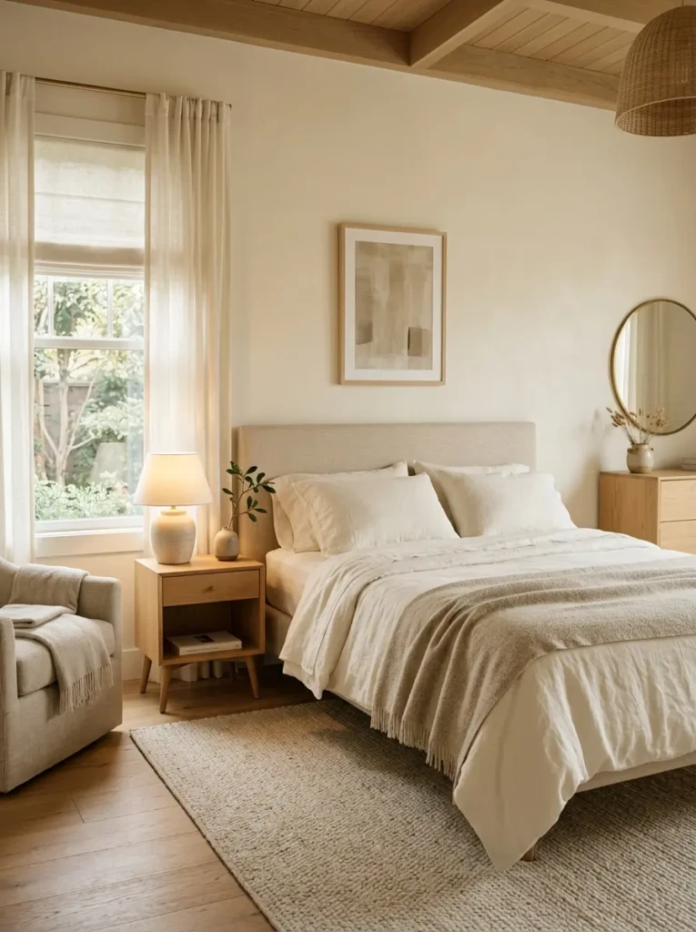 A minimalist cozy bedroom featuring ivory linen sheets, layered blankets, and calming neutral decor.