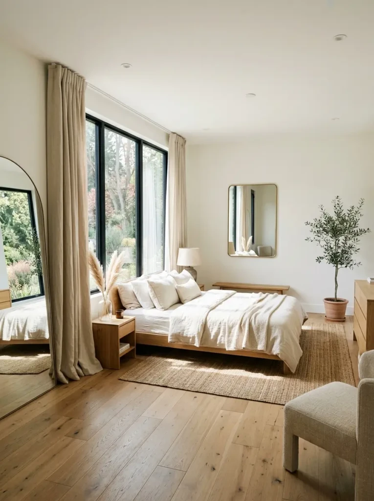 Minimalist bedroom featuring linen drapes, mirrors, and airy neutral decor