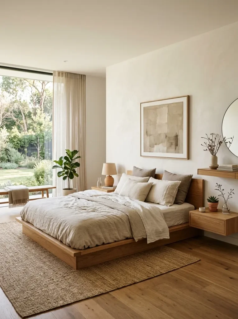 Modern minimalist bedroom with low platform bed, neutral decor, and airy open layout