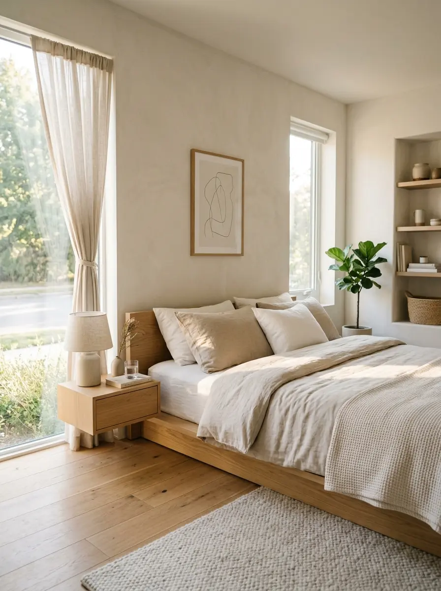 Minimalist bedroom with soft morning light, neutral decor, linen bedding, and a cozy clutter-free atmosphere