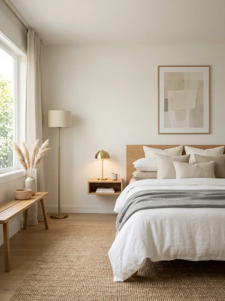 Calm minimalist bedroom with clean surfaces, warm lighting, and cozy textures
