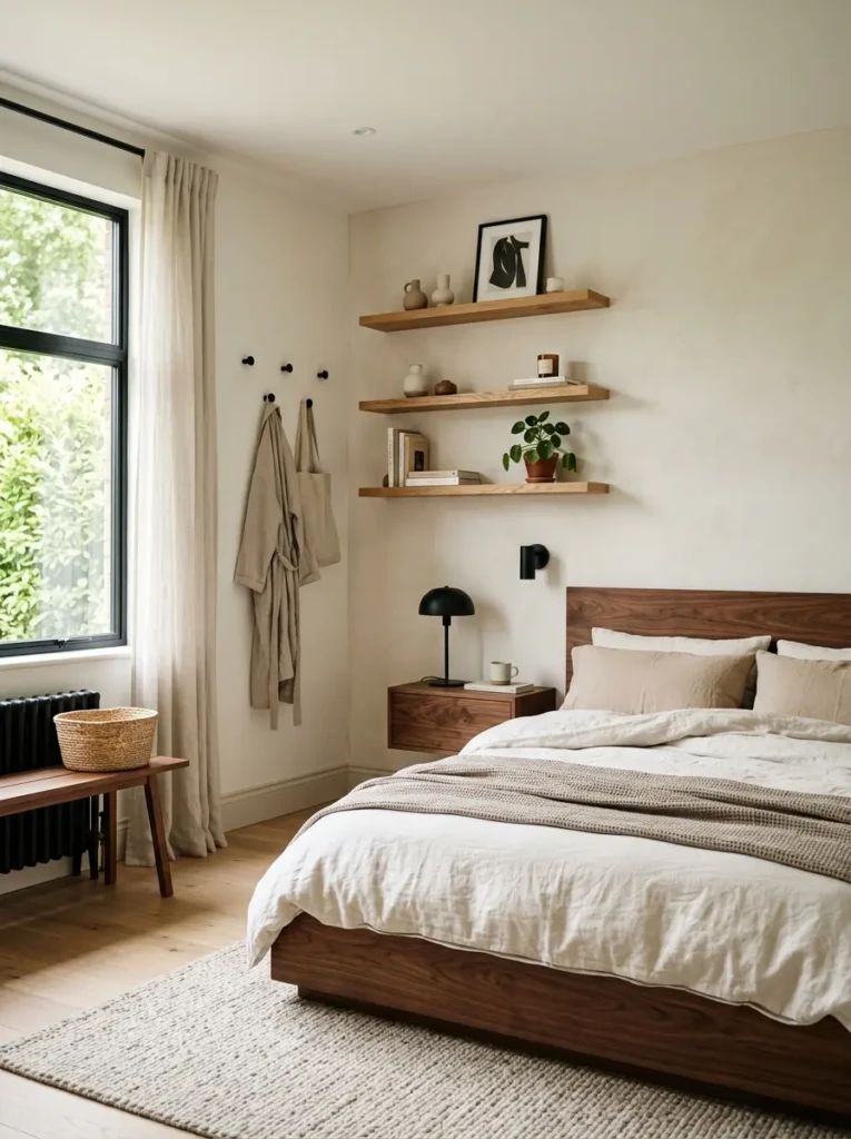 Scandinavian minimalist bedroom with floating oak shelves and warm neutral tones