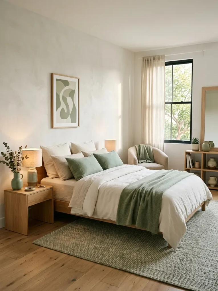 Minimalist bedroom with sage green accents, neutral decor, and cozy elegant textures