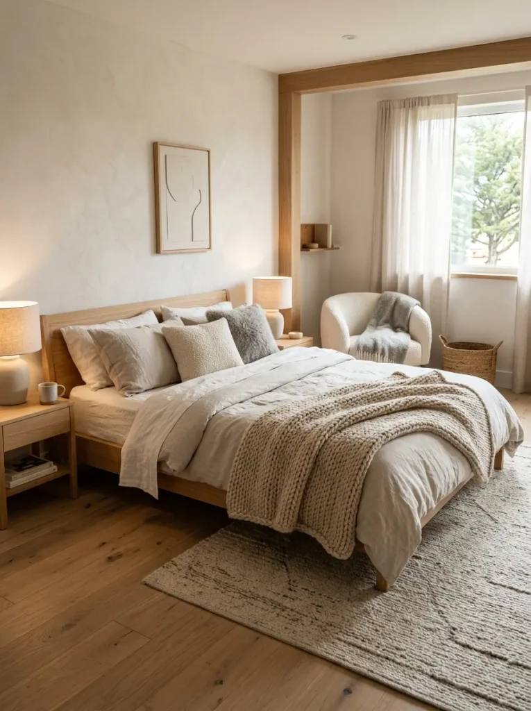 Minimalist bedroom with layered linen, boucle, and knit textures in warm neutral tones