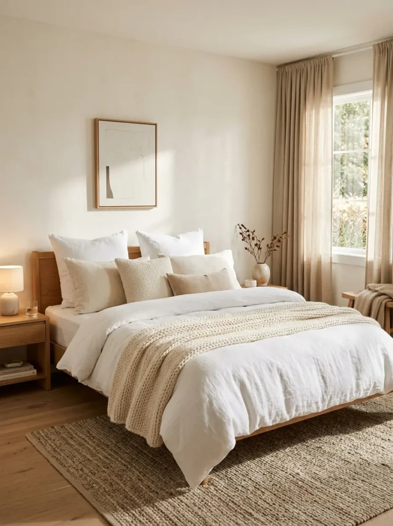 Cozy minimalist bedroom featuring fluffy white linen bedding and soft layered textures