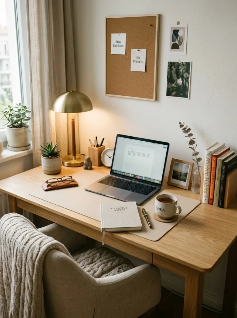 Elegant study desk with meaningful decor accessories and soft neutral aesthetic.