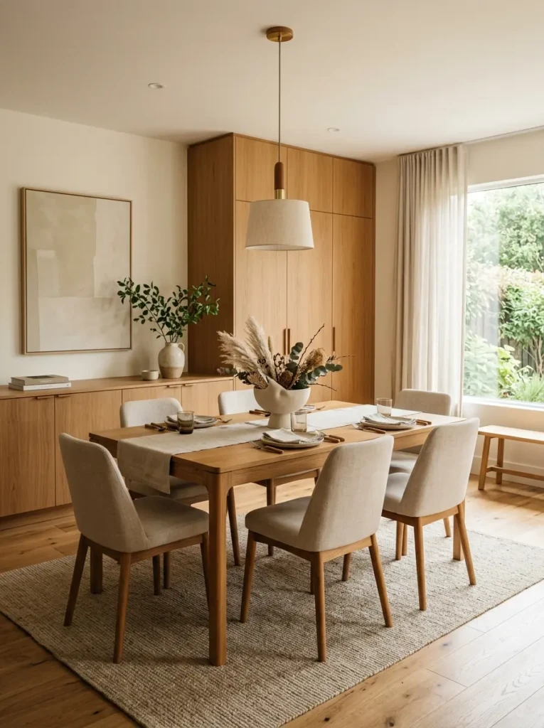 Minimalist dining room with warm wood finishes, neutral palette, and elegant simple decor.