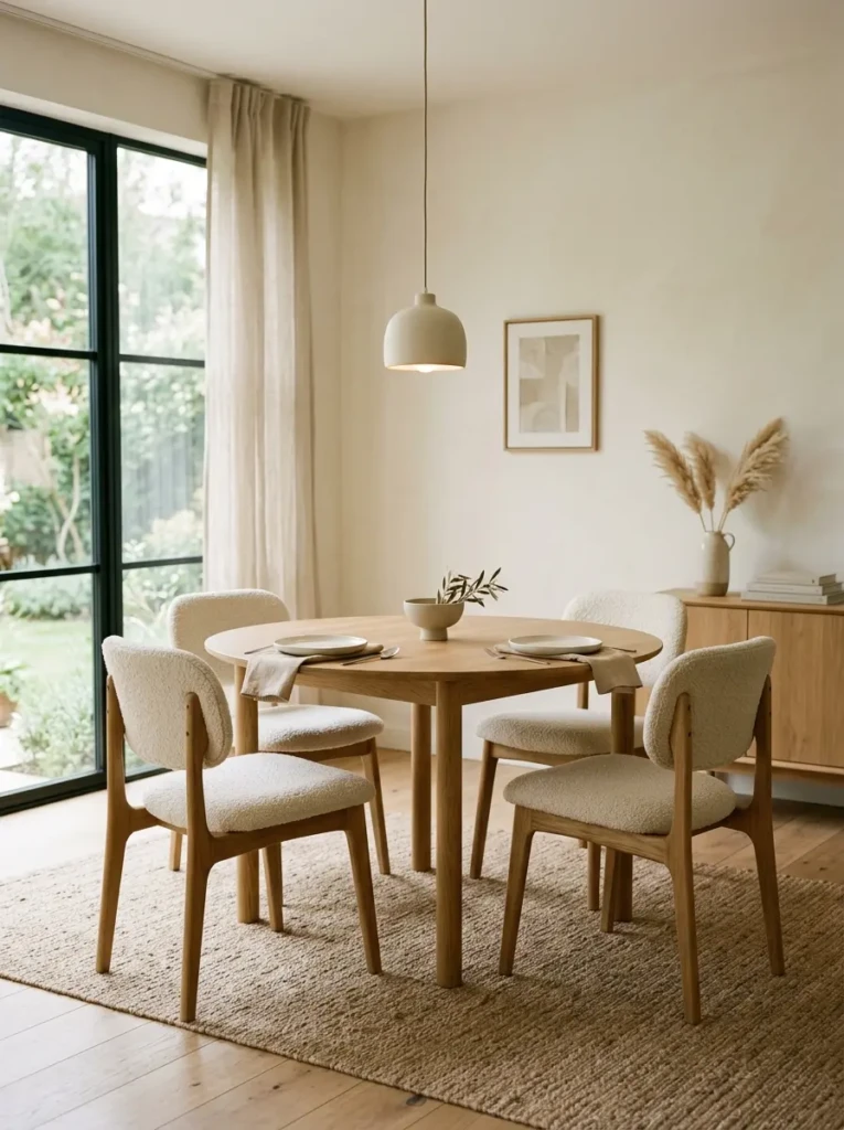 Clean and uncluttered dining room with natural materials and soft cozy lighting.