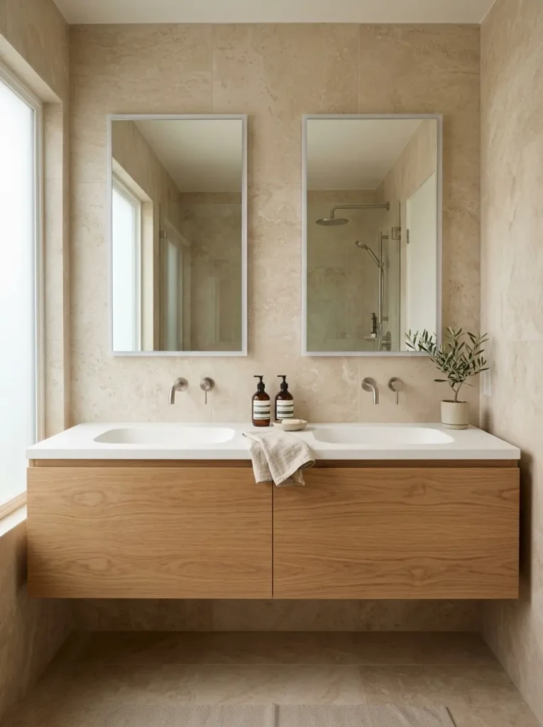 Minimalist double sink bathroom with a white oak flat-front vanity, integrated sinks, slim faucets, and warm beige tile.