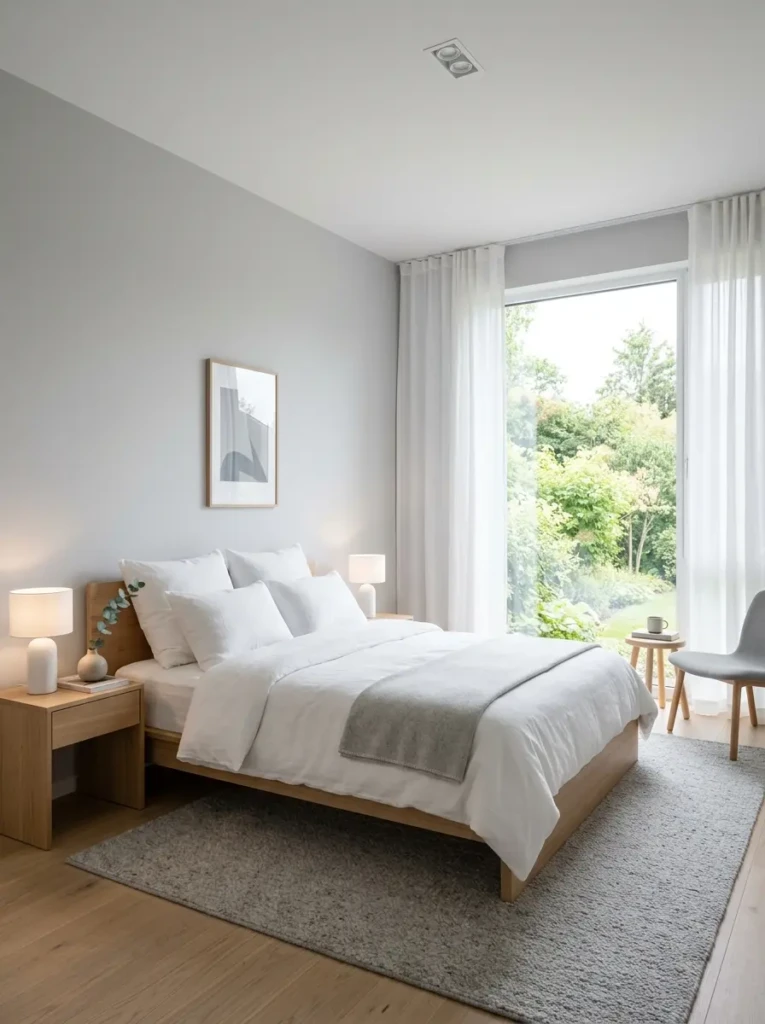 Simple grey and white bedroom with clean lines platform bed and uncluttered space creating a calm modern look