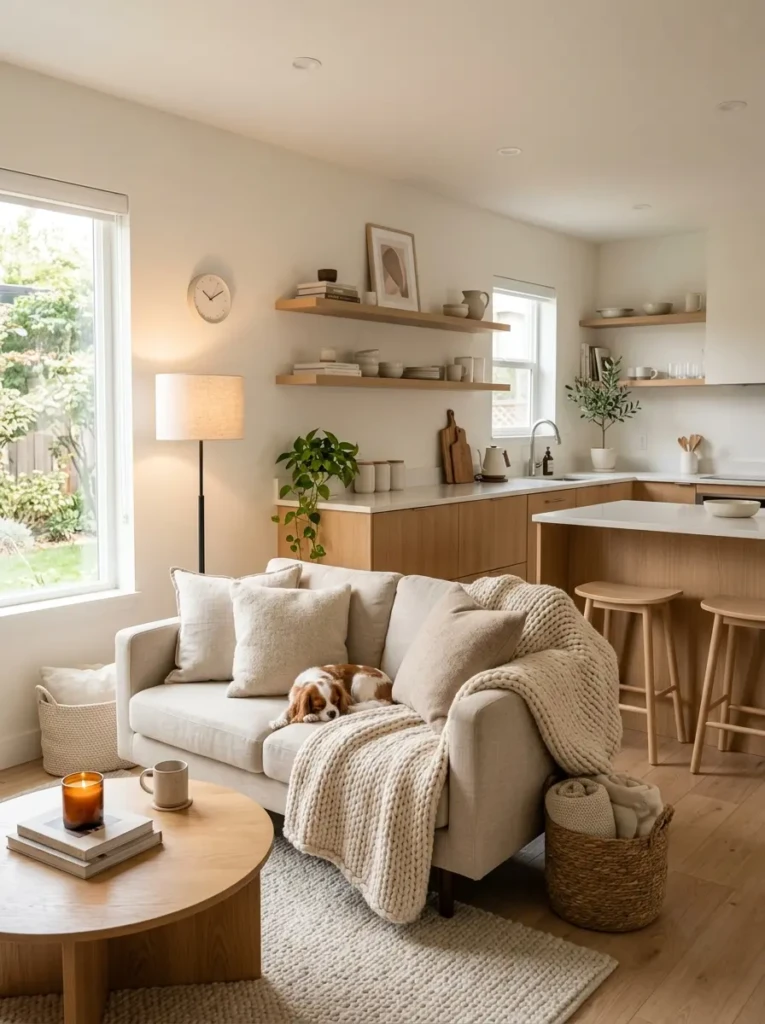 Minimalist open concept kitchen and living space with cozy textures and soft neutral tones