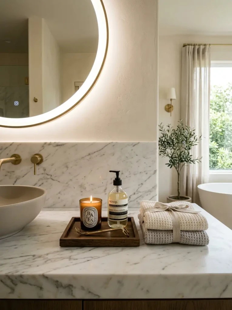 Clean minimalist bathroom with decorative tray, candle, and clutter-free elegant decor