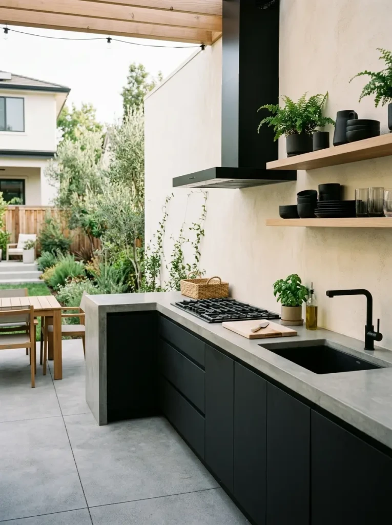 Modern outdoor dirty kitchen with concrete countertops and sleek minimalist layout
