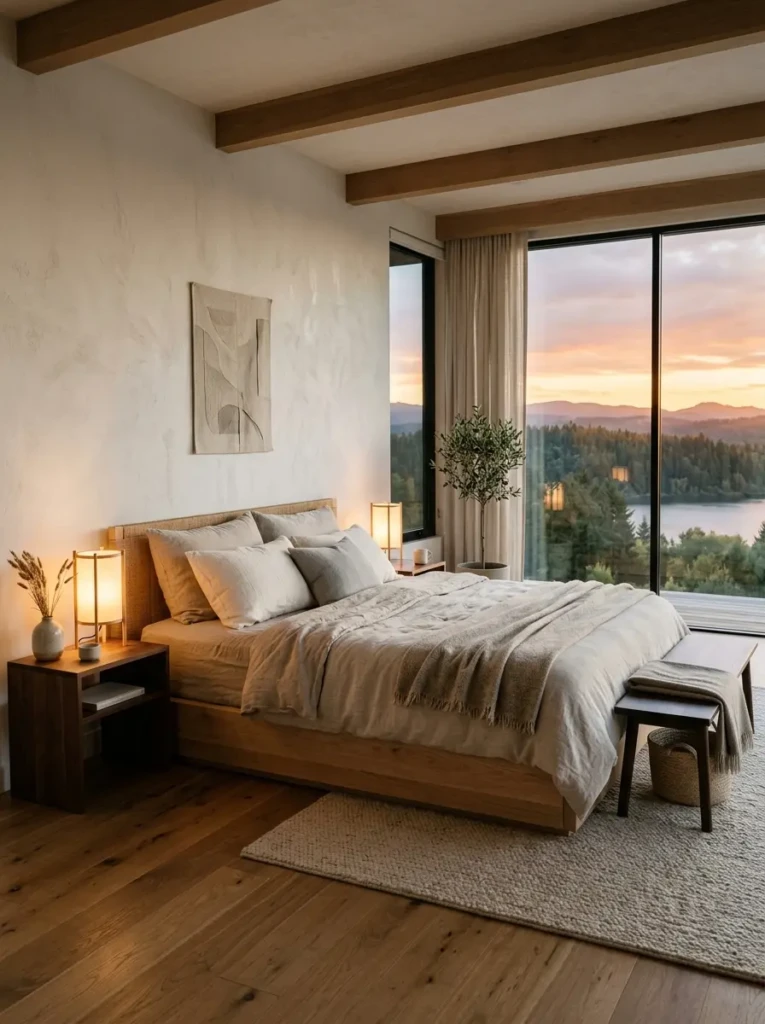 Elegant minimalist bedroom with glowing lamps, cozy bedding, and calming atmosphere