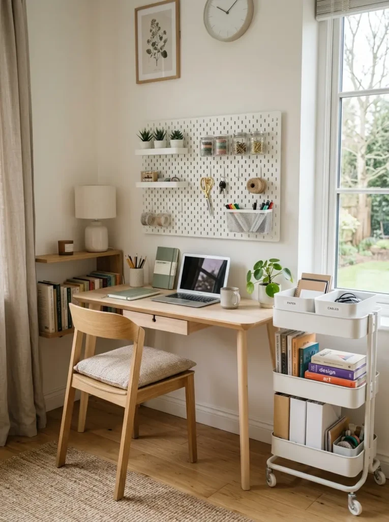 Organized study room with pegboards, rolling cart, and stylish Scandinavian-inspired storage solutions.