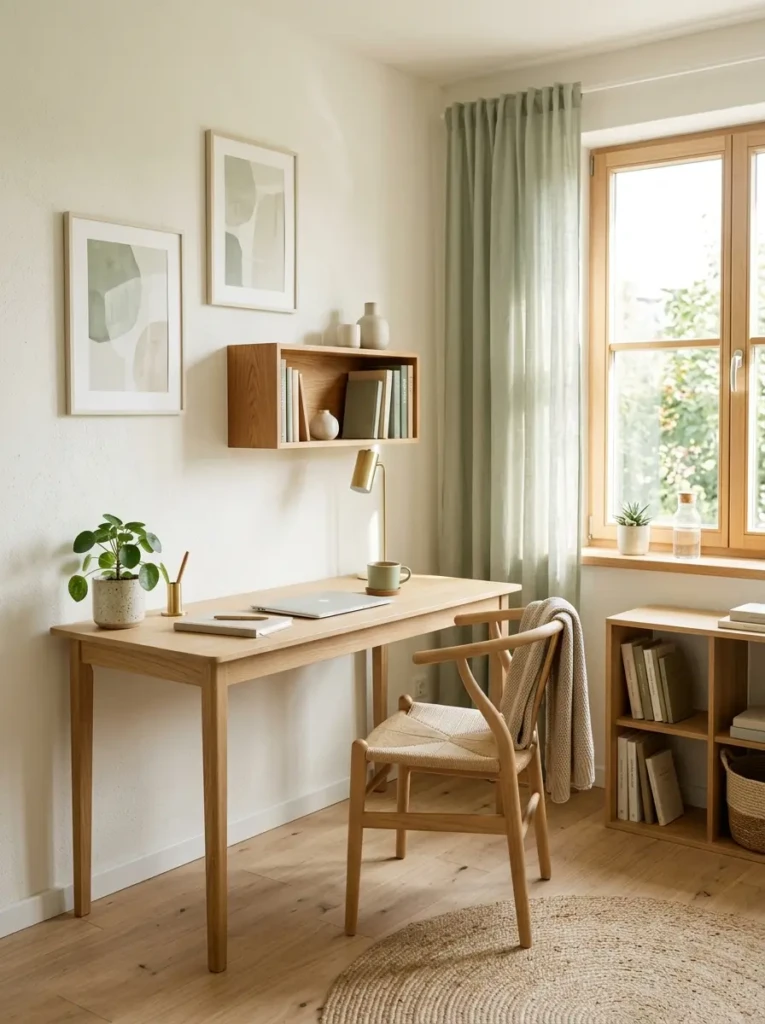 Minimalist study room featuring creamy white walls, sage accents, warm wood textures, and soft natural light.
