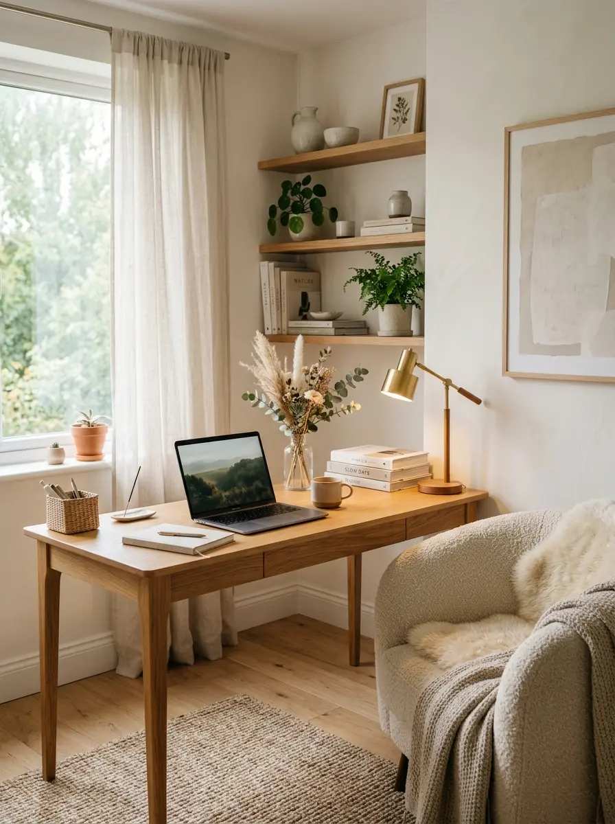 Charming minimalist study room with warm wood furniture, neutral colors, and inviting cozy details.
