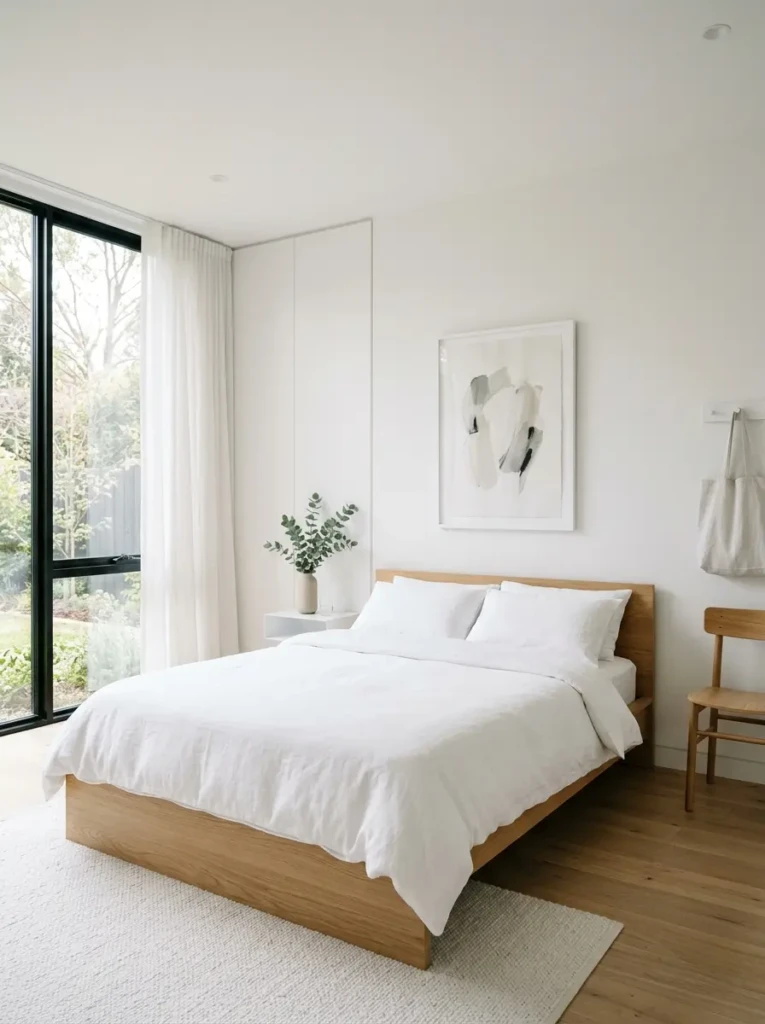 A simple white bedroom with clean lines, minimal decor, and uncluttered surfaces creating a peaceful environment