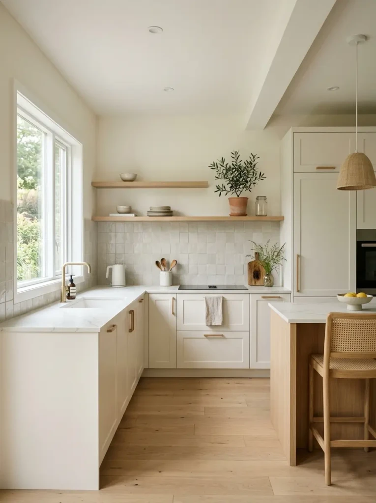 Minimalistic kitchen with warm white cabinets, cream walls, greige backsplash, and light oak accents.