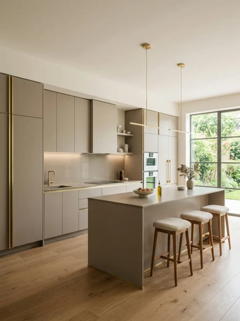 Elegant minimalistic kitchen with flat-panel matte cabinets, slim brass hardware, and seamless storage.
